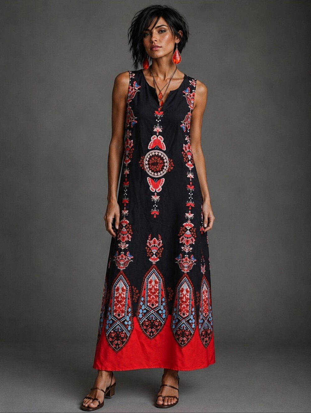 Boho Butterfly Print Sleeveless Maxi Dress with Vibrant Orange Border XL